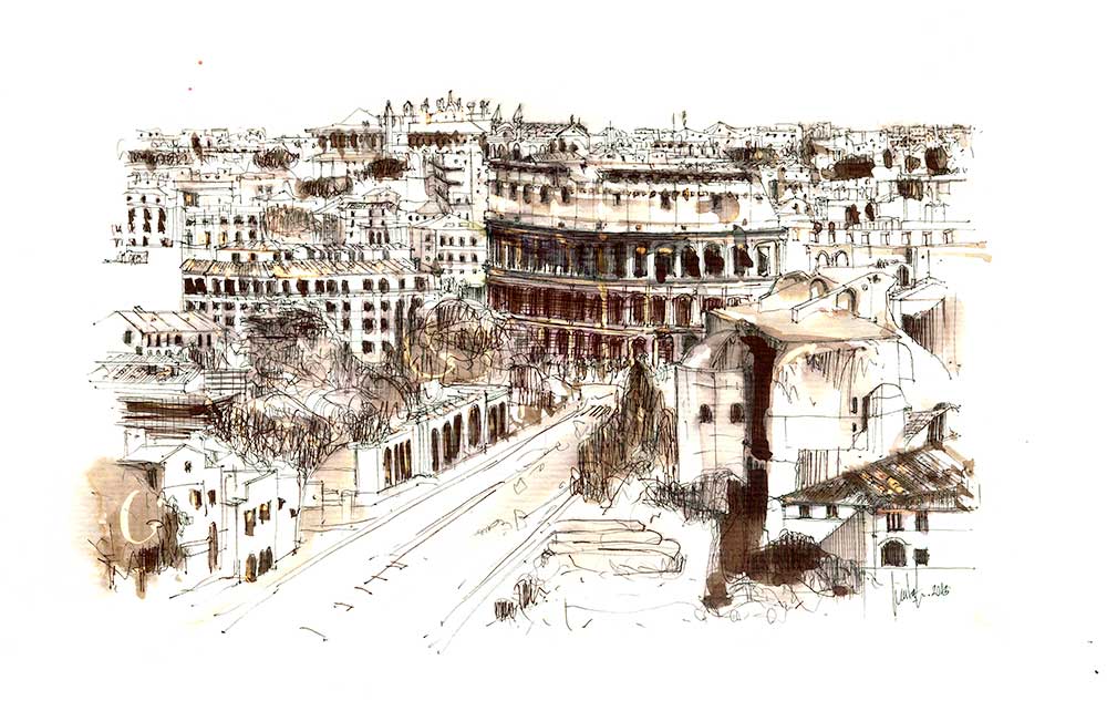 Paisaje urbano de Roma con la técnica de tinta y lejía